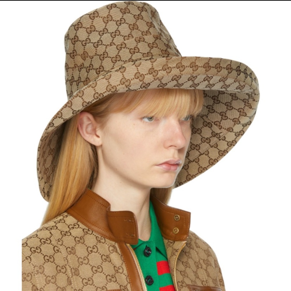 Beige Wide Brim Large Jacquard Canvas Monogram Bucket Hat Sun Coverage Beach New - Picture 9 of 16